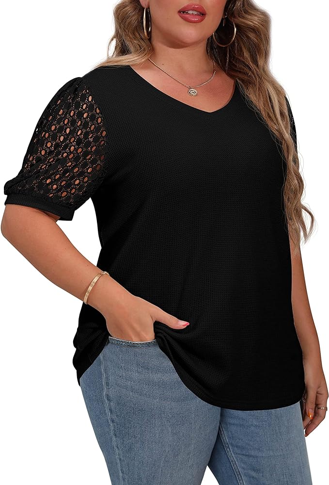 OLRIK Plus Size Tops for Women Summer Blouse Waffle Knit Short Lace Sleeve Shirts