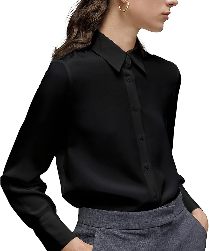 YAMANMAN Women's Button Down Shirt Classic Long Sleeve Collared Tops Work Office Chiffon Blouse