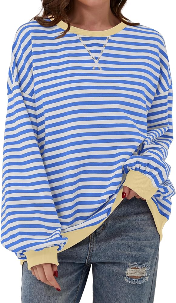 Women Striped Color Block Oversized Sweatshirt Crew Neck Long Sleeve Shirt Pullover Top Casual Loose fit Sweater Blue White