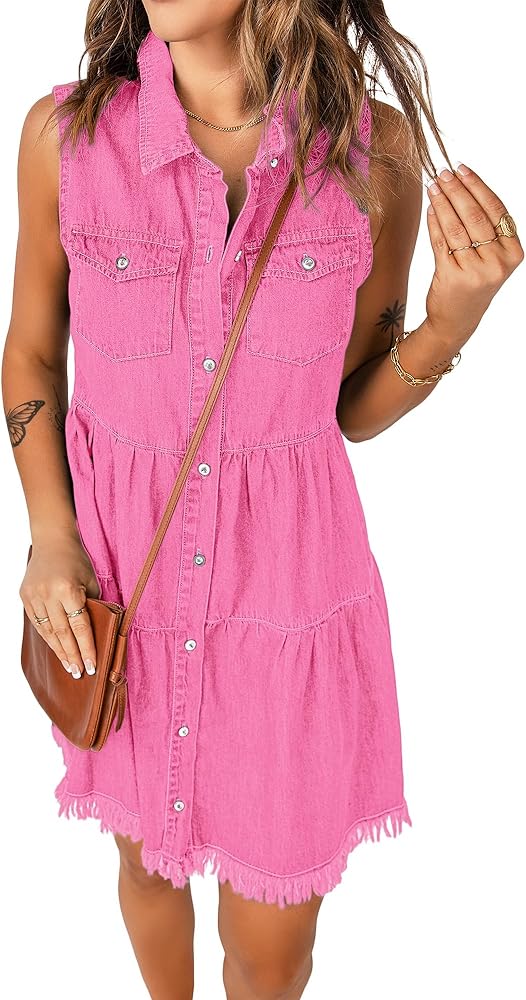 luvamia Women's Casual Summer Lapel Sleeveless Button Down Short Denim Jean Dress