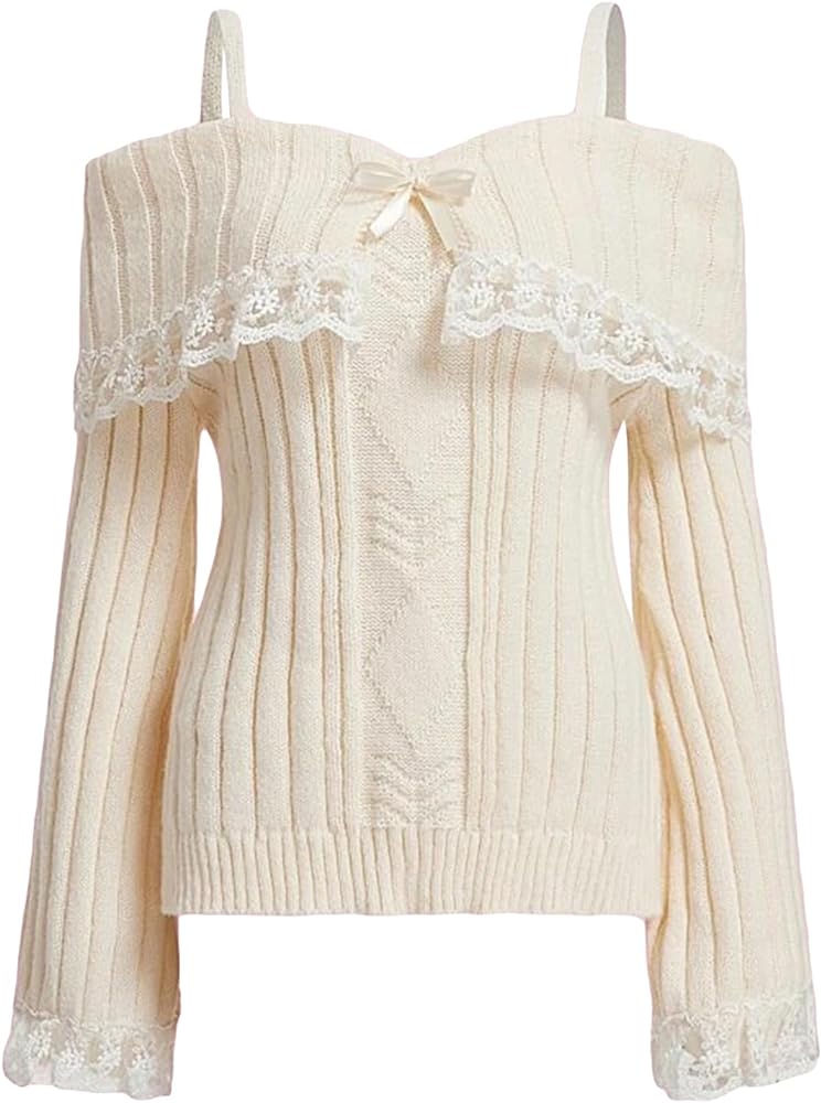 Women Off Shoulder Top Y2K Long Sleeve Lace Trim Knit Shirt Fashion Cute Solid Pullover Sweater