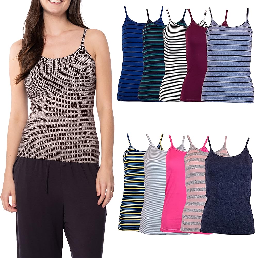 Sexy Basics Women's 10 Pack Spaghetti Strap Cami Tank Tops - Slim Fit Camisole Cotton Stretch Tanks