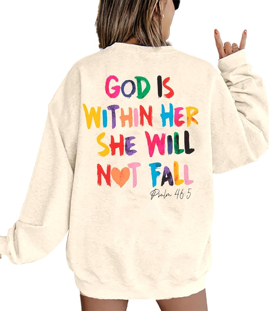 VILOVE Christian Sweatshirt Women Bible Verse Pullover Christian God Is Within Her Long Sleeve Inspirational Blouse Top