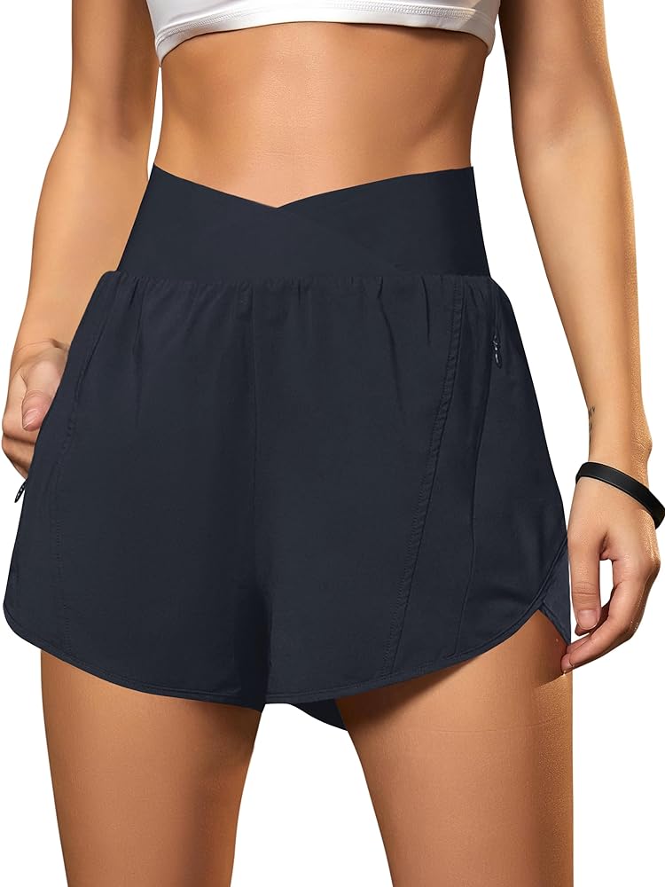 Blooming Jelly Women's Workout Shorts Athletic Running Shorts Crossover High Waisted Gym Shorts with Zipper Pockets 2.5"