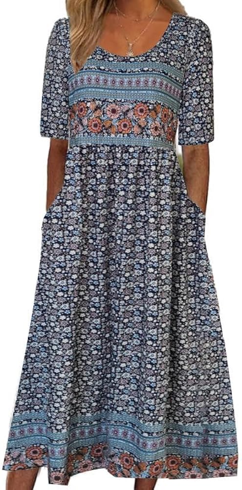 Women's Bohemian Floral Printed Maxi Dress Colorful Summer Casual Loose Flowy Dresses with Pockets