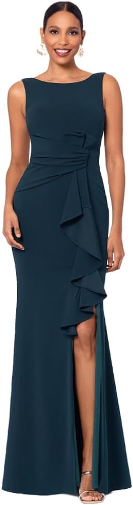 Betsy & Adam Women's Long Sleeveless Boat Neck Ruffle Side Slit Scuba Crepe Gown