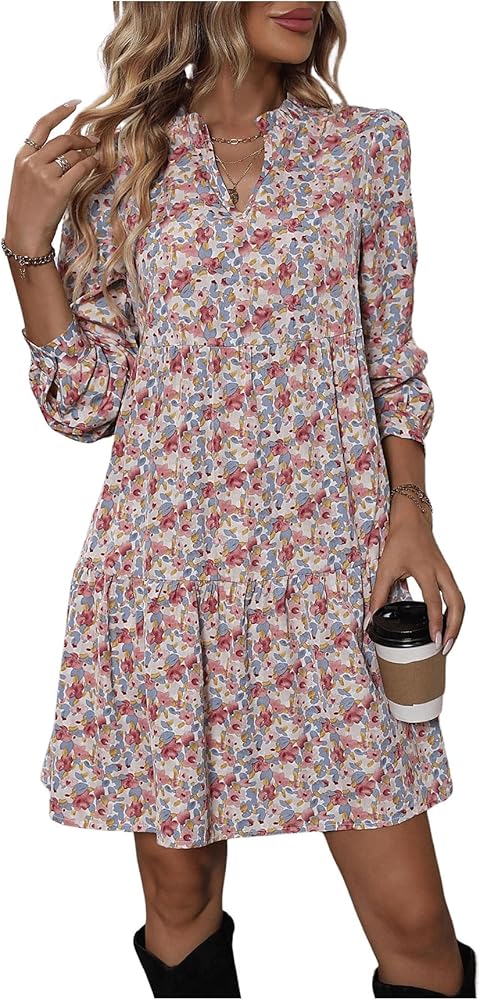 MakeMeChic Women's Ditsy Floral Print Notched V Neck Flounce Long Sleeve Ruffle Mini Short Smock Dress Floral Multi S