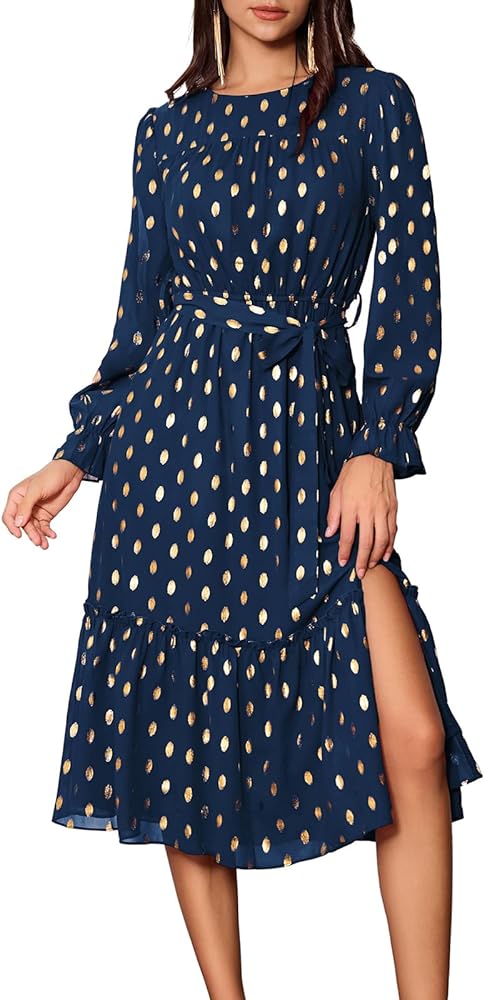 GRACE KARIN Women's Long Sleeve Midi A Line Dress Gold Dot Round Neck Ruffle Tiered Belt Wedding Guest Dress with Slit