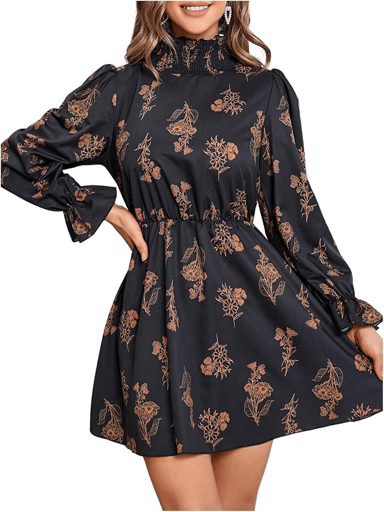 Floerns Women's Mock Neck Long Sleeve Floral Print Ruffle Short Dress