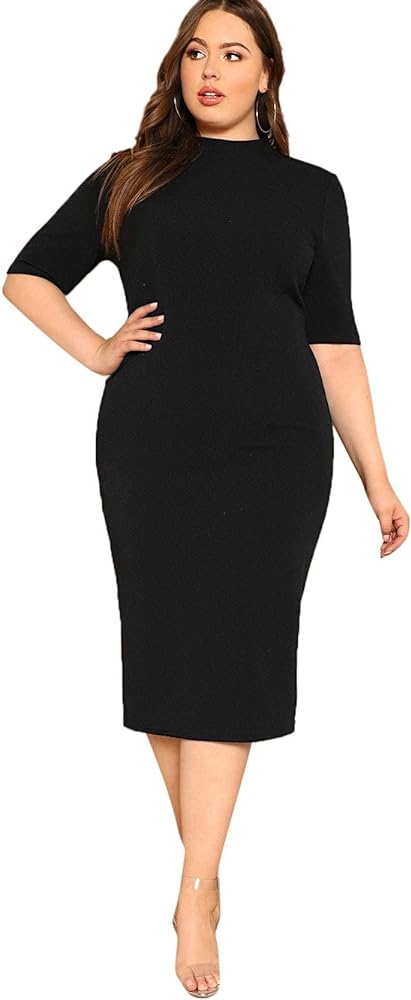 Floerns Women's Plus Size Mock Neck Short Sleeve Bodycon Pencil Midi Dress