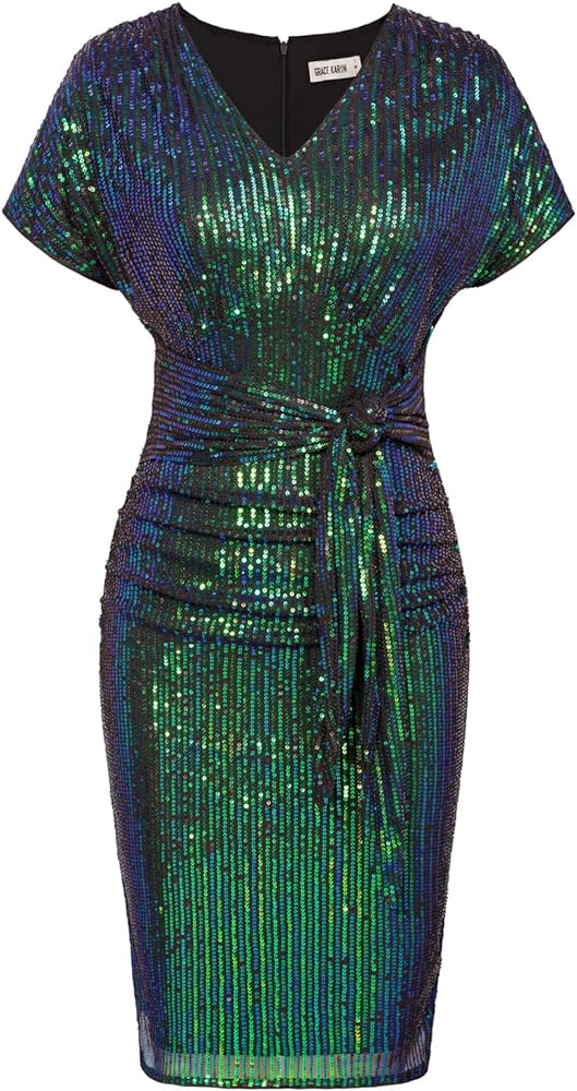 GRACE KARIN 2024 Women's V Neck Ruched Sequin Dress Short Sleeve Tie Midi Cocktail Party Bodycon Dresses