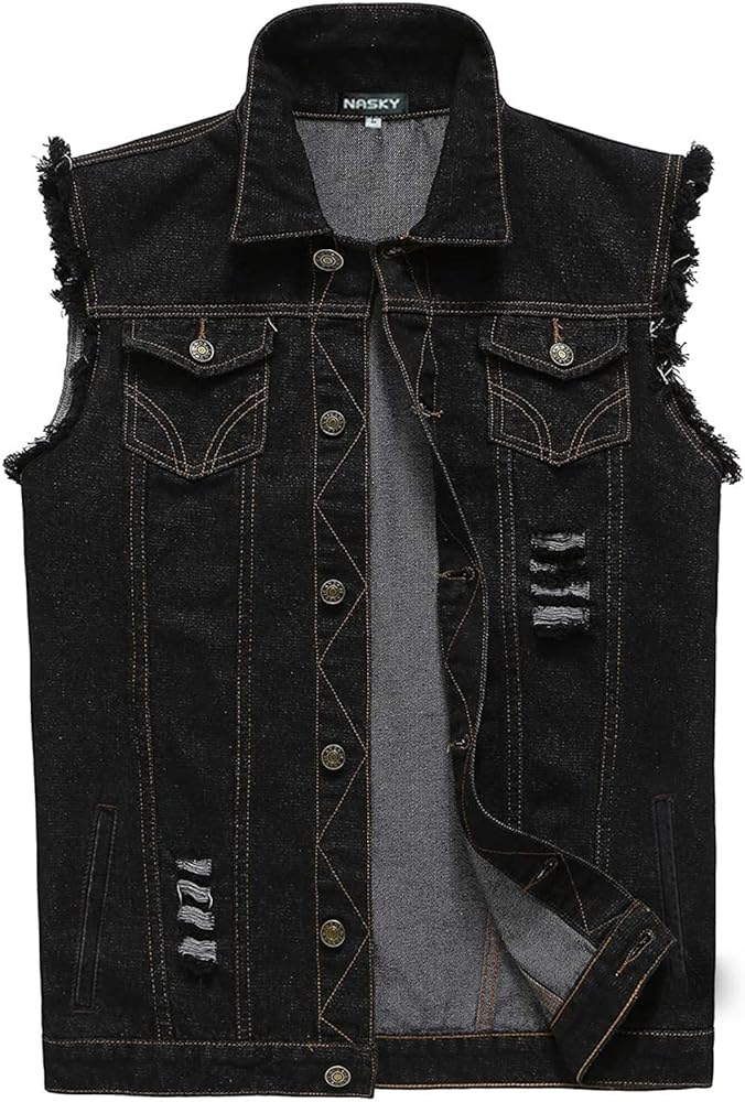 Men's Fit Retro Ripped Denim Vest Sleeveless Jean Vest and Jacket