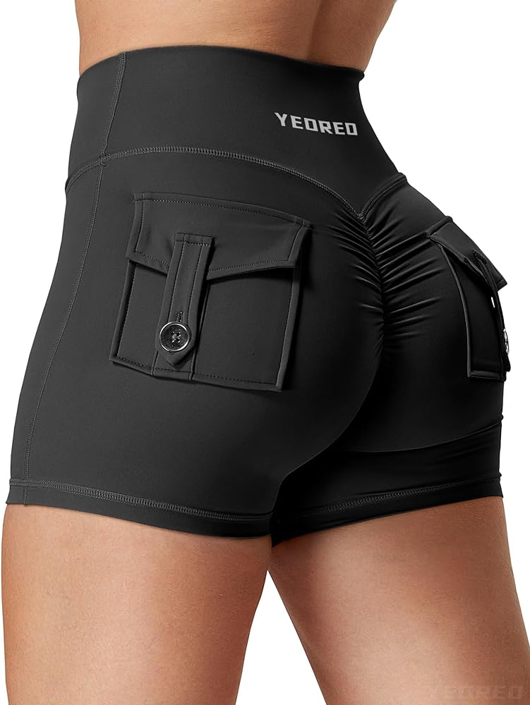 YEOREO Scrunch Workout Shorts with Pockets Charm Gym Biker Shorts for Women High Waisted Yoga Booty Shorts