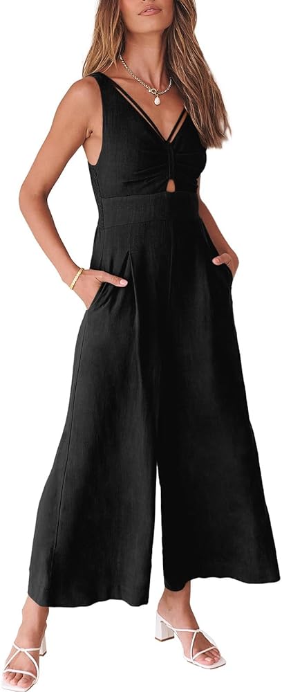 ANRABESS Women's Summer Wide Leg Linen Jumpsuits Dressy V Neck Sleeveless Casual Pants Rompers 2024 Vacation Beach Outfits