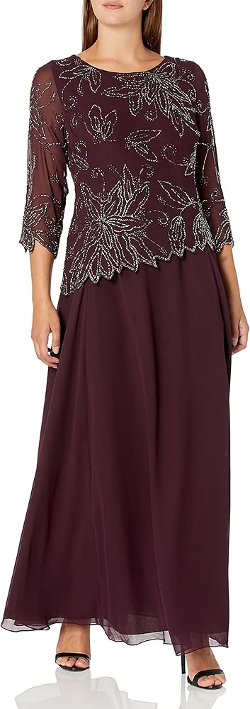 J Kara Plus Size Womens Sheer Sleeve Floral Beaded Long Dress