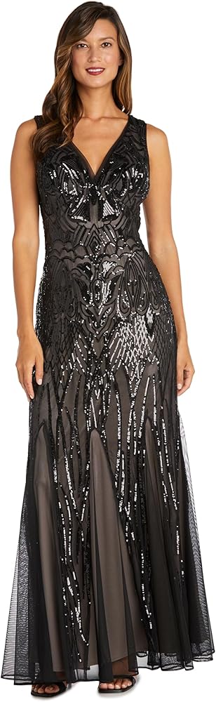 R&M Richards Long Beaded Dress W/Contrast Lining, V-Neckline & Godet Skirt