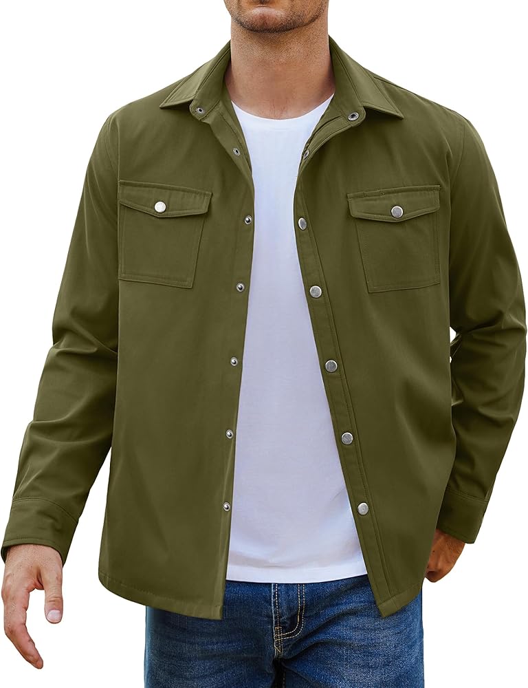 COOFANDY Men's Casual Lightweight Shirt Jacket Work Shacket Jackets Military Button Down Overshirt With Flap Pockets