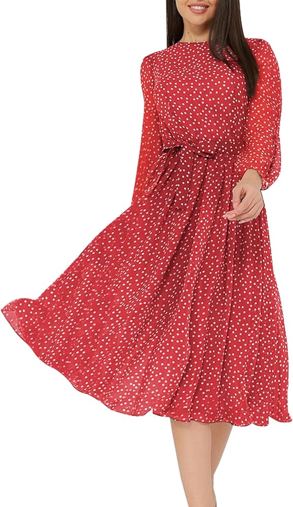 Women's O-Neck Elastic Waist Floral Flared Midi Dresses Bohemian Chiffon Casual Dress with Belt