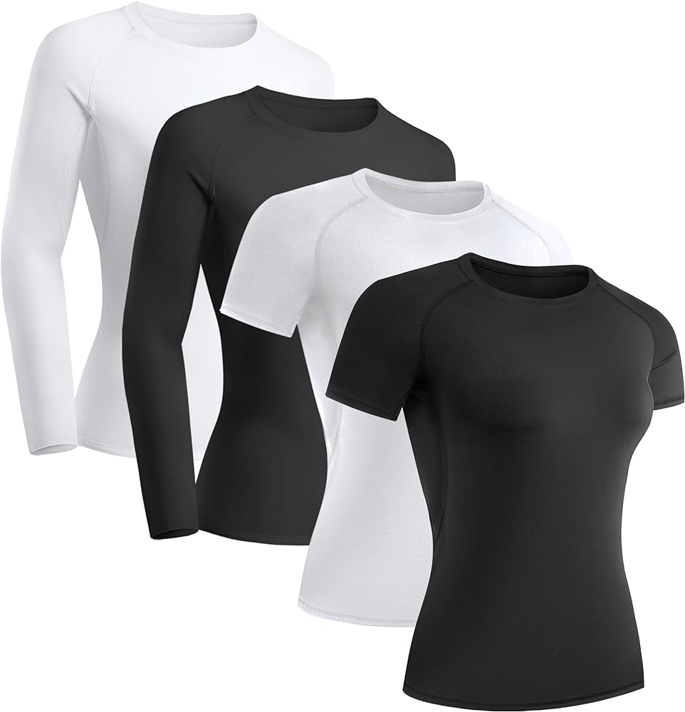 TELALEO 4 Pack Women's Compression Shirt Long/Short Sleeve Performance Workout Baselayer Athletic Top Gym Sports Gear