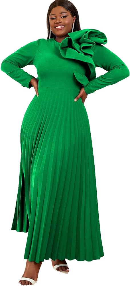 AOMEI Women's Long Sleeve with Asymmetrical Ruffles Pleated A-Line Maxi Dress