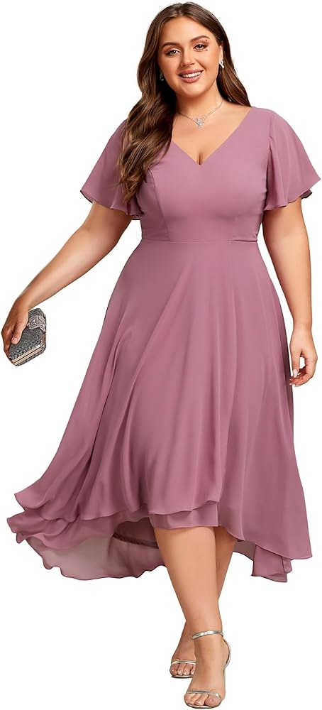 Ever-Pretty Women's Plus Size V Neck Asymmetric Hem Chiffon Wedding Guest Dress 01756-DA