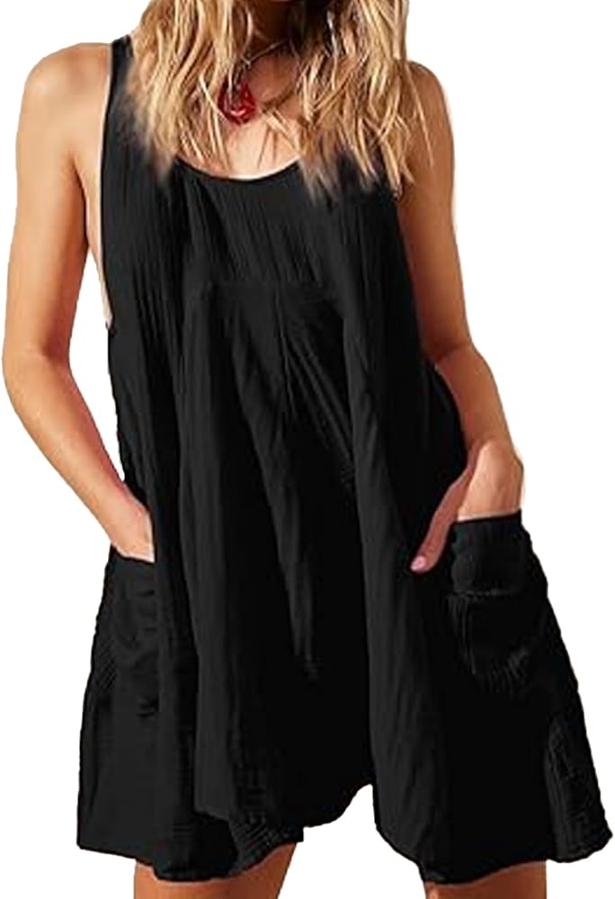 Women Casual Dresses Sleeveless Crew Neck Backless Tunic Mini Dress Loose Flowy Tank Sundress with Pockets