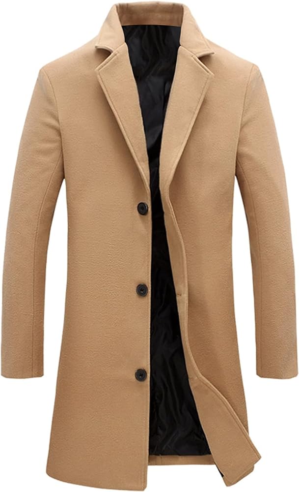 Springrain Men's Wool Blend Pea Coat Notched Collar Single Breasted Overcoat Warm Winter Trench Coat