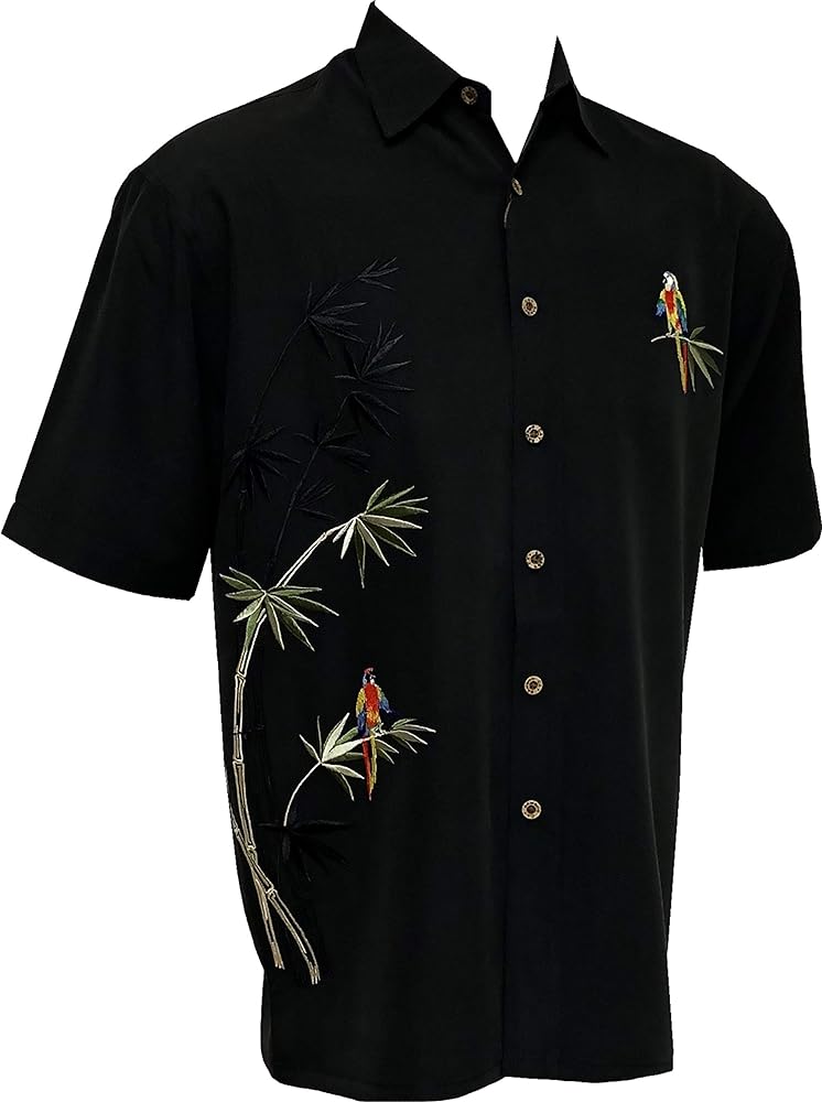 Bamboo Cay Embroidered Mens Short Sleeve Flying Parrots Tropical Hawaiian Button Down Shirt