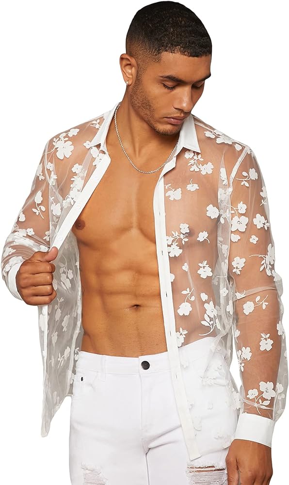 GORGLITTER Men's Floral See Through Button Down Blouse Long Sleeve Sheer Blouse Shirt