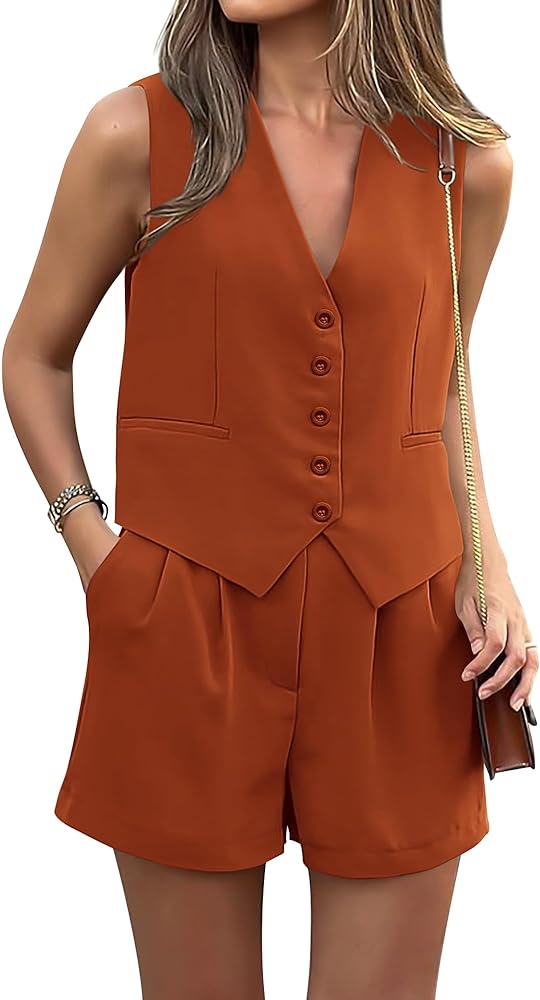 PRETTYGARDEN Women Summer 2 Piece Outfits V Neck Sleeveless Button Down Vest Shorts Sets Business Work Matching Set 2024