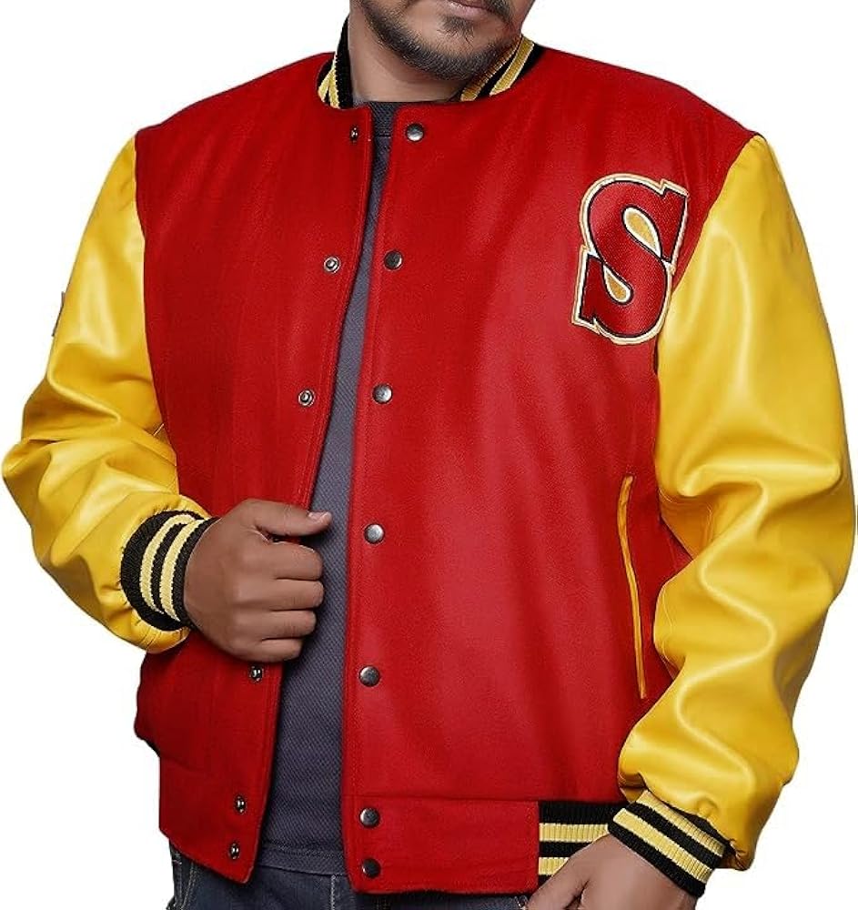 Men's Crows Varsity Letterman Bomber Red Yellow Lightweight Jacket