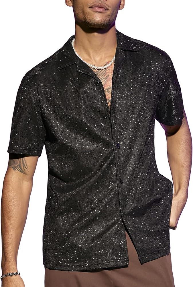 OYOANGLE Men's Fashion Button Down Lapel V Neck Short Sleeve Glitter Blouse Tops