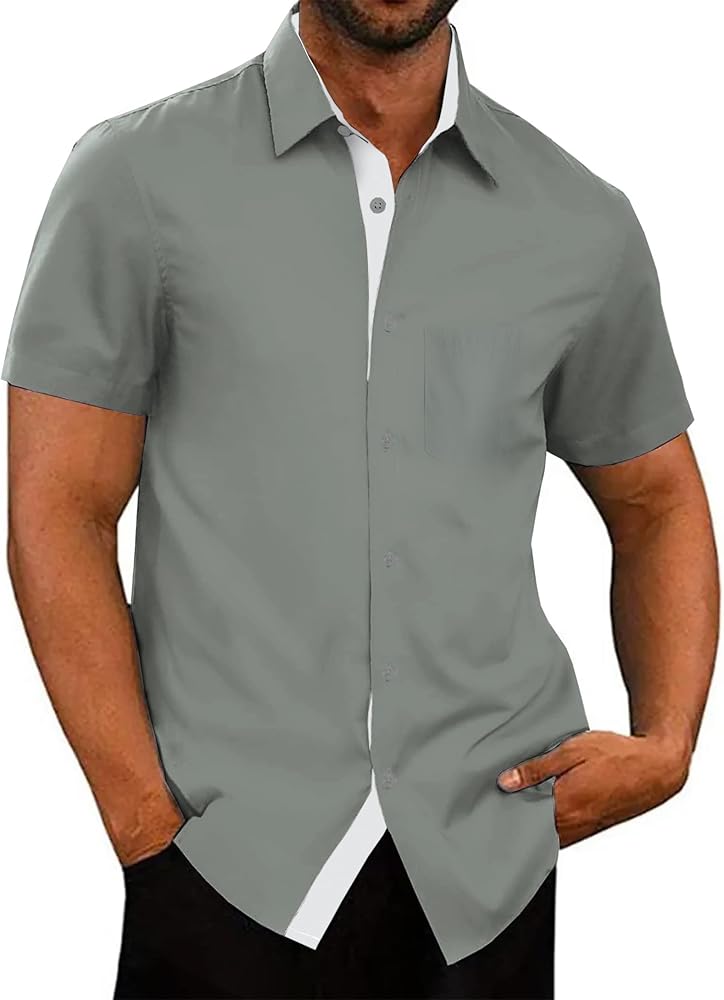 Men's Button Down Short Sleeve Dress Shirts Wrinkle Free Business Shirt Summer Casual Top Grey M