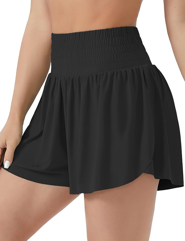 THE GYM PEOPLE Women's High Waisted Flowy Running Shorts 2 in 1 Athletic Workout Skirt Shorts