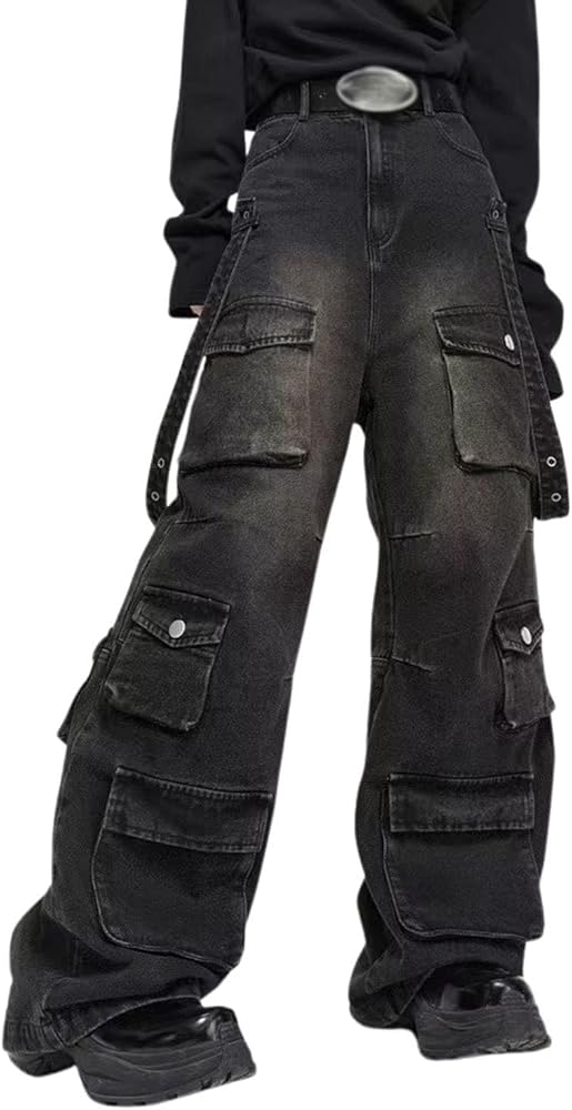 Baggy Cargo Pants for Men Women Wide Leg Jeans Y2k Hip Hop High Waisted Pants Casual Streetwear Grunge Clothes Black