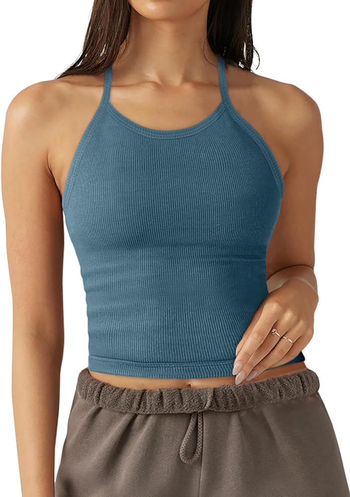 LASLULU Womens Sports Bra Seamless Long Crop Tank Racer Back Spaghetti Strap Workout Yoga Padded Bra Halter Neck Casual Tops