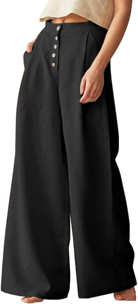 chouyatou Women's Summer High Waisted Cotton Linen Palazzo Wide Leg Casual Pants with Pockets