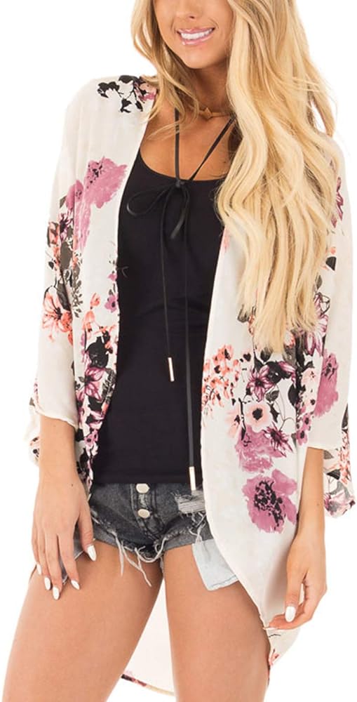 Omoone Women's Short Batwing Sleeve Floral Chiffon Cardigan Kimono Beachwear