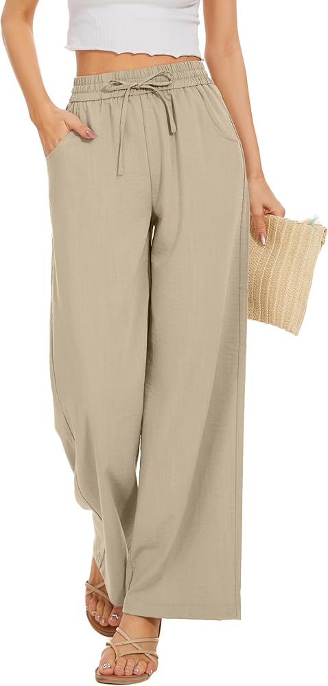 Women Summer Pants Flowy Pants Drawstring Waist Wide Leg Palazzo Beach Pants Loose Fit with Pockets