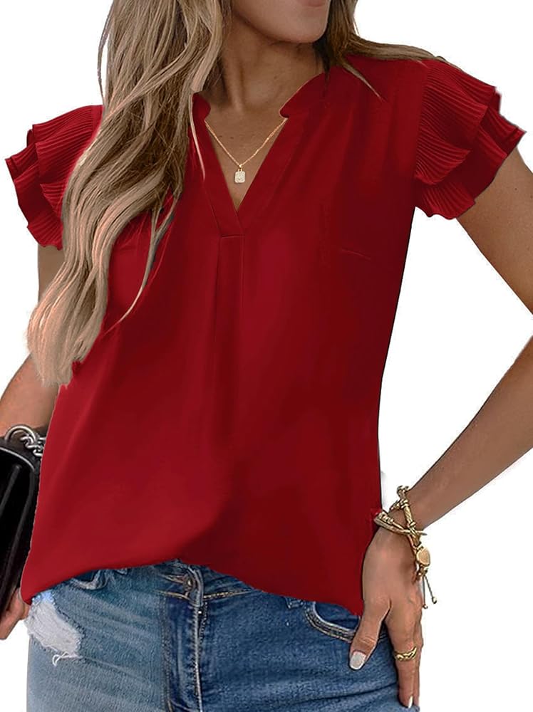 Women's Summer Tops Dressy Casual Notch V Neck Ruffle Short Sleeve Flowy Shirts Cute Blouses Tops