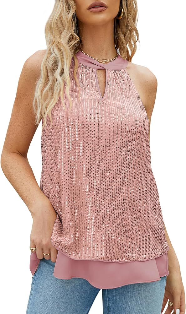 JASAMBAC Sequin Tops for Women Sparkly Sleeveless Vest Glitter Concert Shirt Shimmer Sparkle Club Party Tank