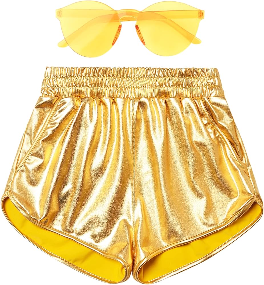 Mirawise Women's Metallic Shorts Summer Yoga Hot Shiny Sparkly Outfit Short Pants with Sunglasses