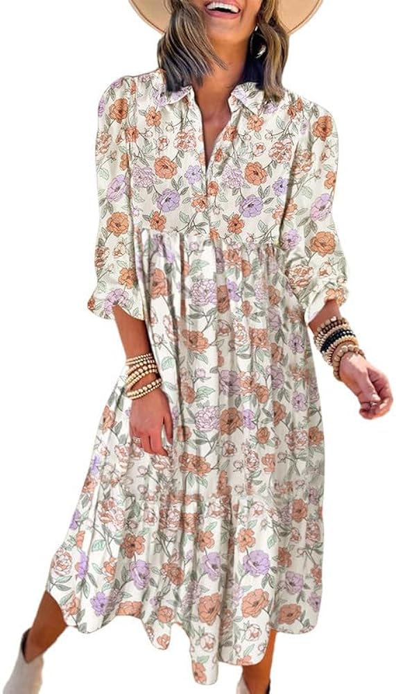 Dokotoo Women's Casual Loose Bohemian Floral Dresses 2024 Long Puff Sleeve V Neck Ruffle A Line Flowy Summer Beach Dress