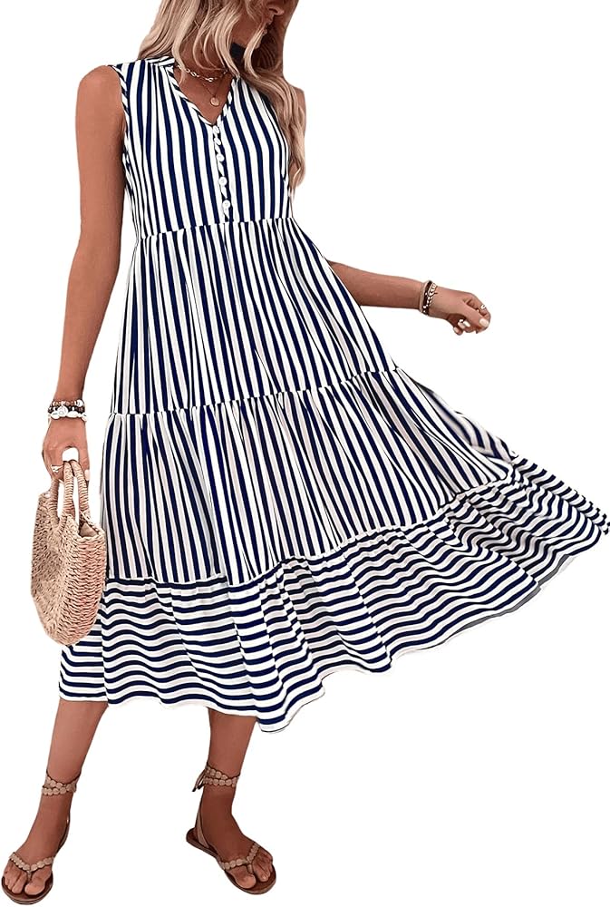 Floerns Women's Striped Print Notched Neck Sleeveless Ruffle A Line Midi Dress