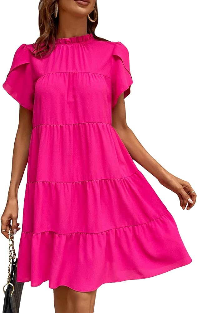 Verdusa Women's Tie Back Petal Sleeve Mock Neck Ruffle Hem A Line Swing Smock Dress Hot Pink L