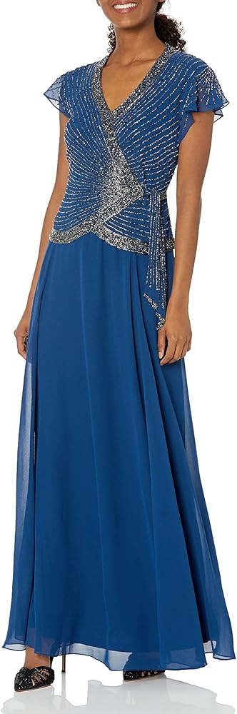 J Kara Women's Petite Faux Wrap Long Dress W/Flutter Sleeve