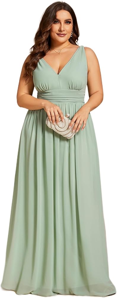 Ever-Pretty Women's Plus Size V-Neck Pleated Chiffon Maxi Semi-Formal Dress Bridesmaid Dresses 09016-DA