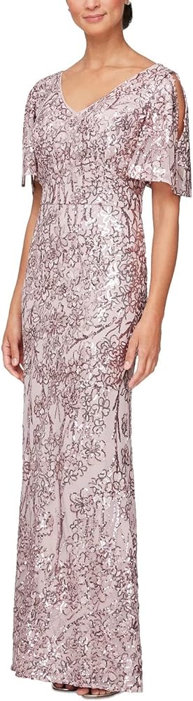 Alex Evenings Women's Sequin Stretch Lace Cold Shoulder Gown