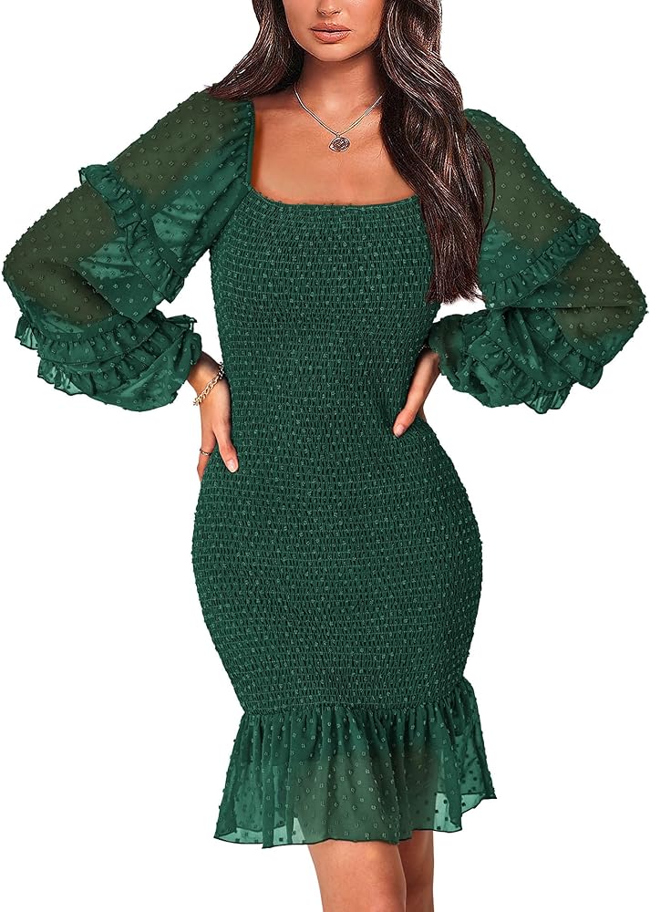 PRETTYGARDEN Womens 2024 Fall Smocked Bodycon Mini Dress Long Sleeve Square Neck Swiss Dot Ruffle Mermaid Elegant Dresses