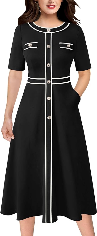 VFSHOW Womens Elegant Buttons Pockets Work Business Office Fit and Flare Midi Mid-Calf A-Line Dress